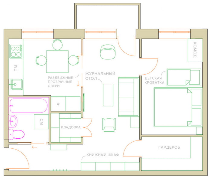 reforma de um apartamento de dois cômodos em um edifício Khrushchev