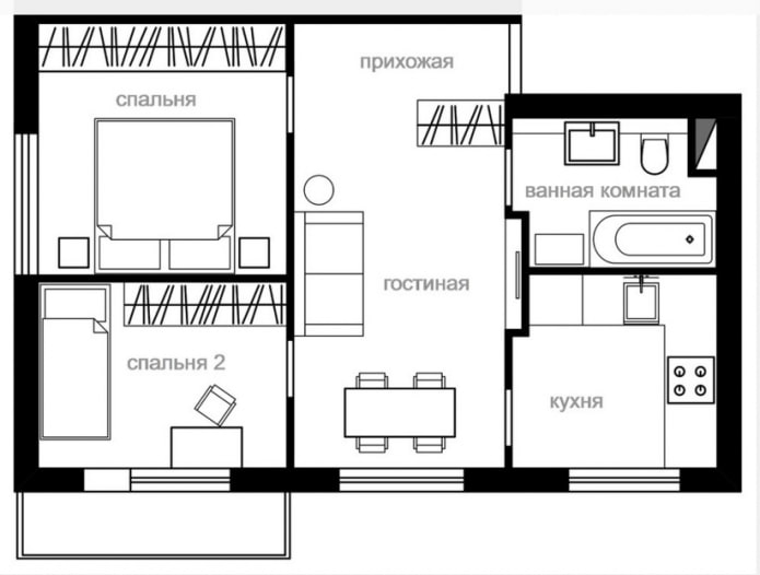 reforma de um apartamento de dois cômodos em Khrushchevka