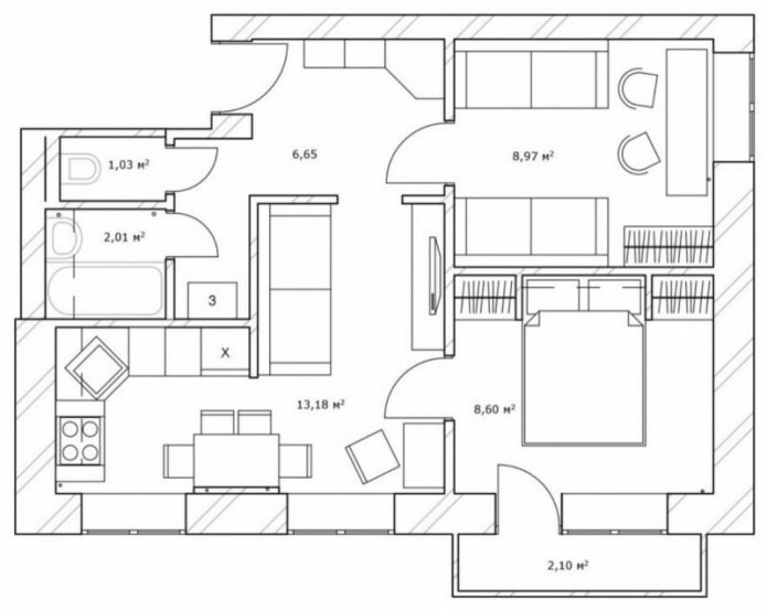 reforma de um apartamento de dois cômodos em Khrushchevka