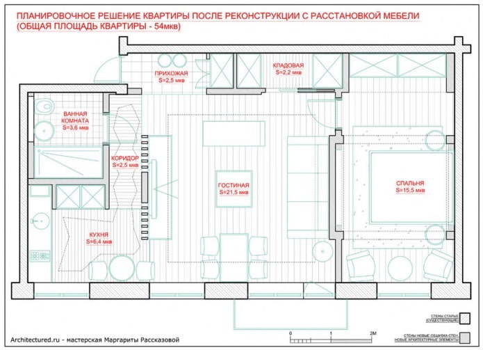 Layout do apartamento de 54 m².
