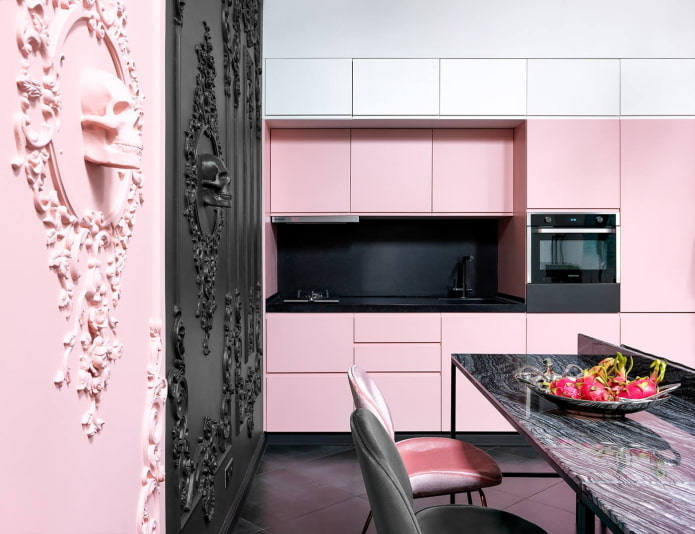 Cozinha de fileira única preta e rosa