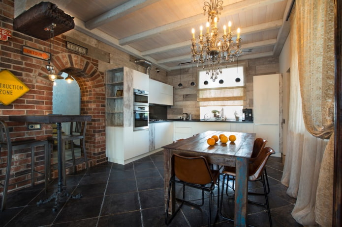 ladrilhos de piso na cozinha em estilo loft