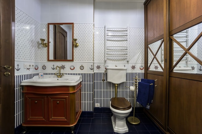 azulejos no interior do banheiro em estilo náutico
