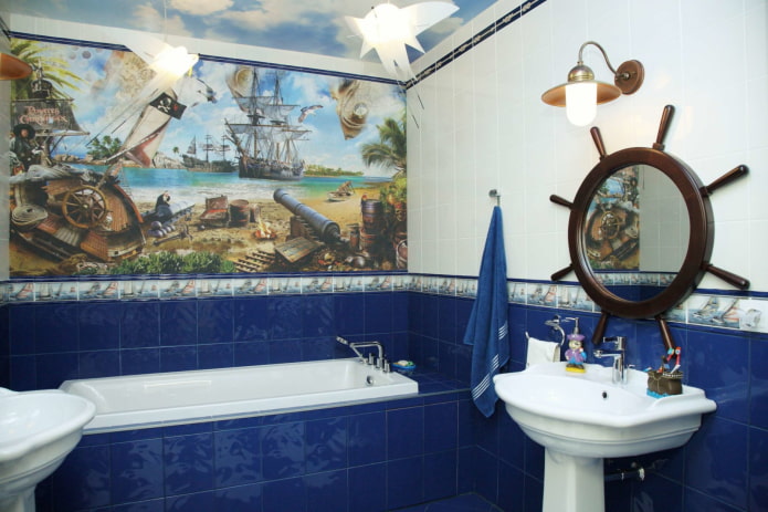 azulejos no interior do banheiro em estilo náutico