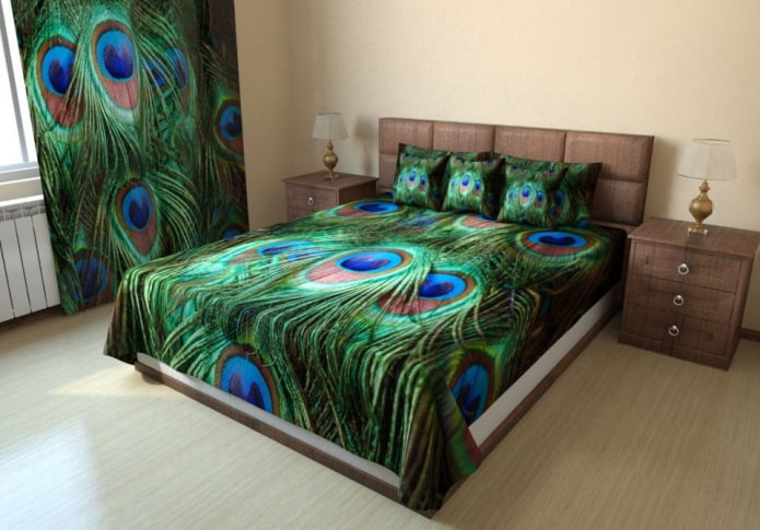 cama com colcha com impressão fotográfica no quarto