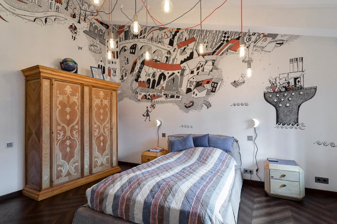 cama de adolescente com colcha no quarto de um menino