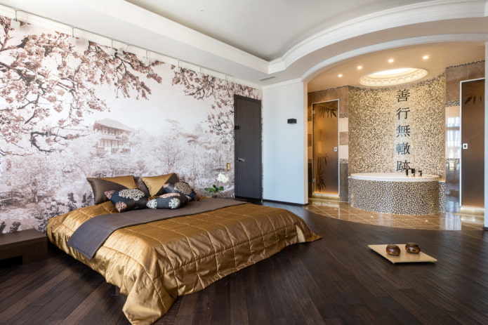 cama com colcha dourada no quarto
