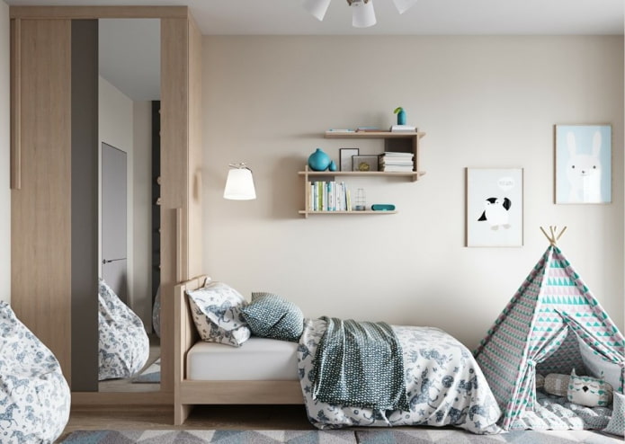 prateleiras acima da cama no interior do quarto das crianças