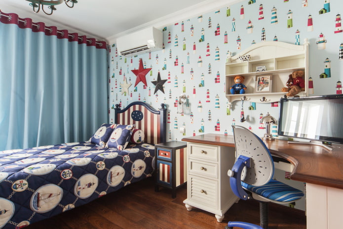 prateleiras no quarto das crianças em estilo náutico