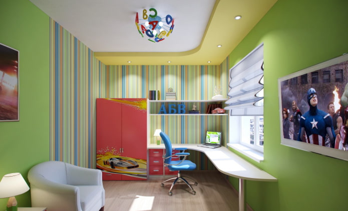estrutura de teto de dois níveis em um quarto infantil