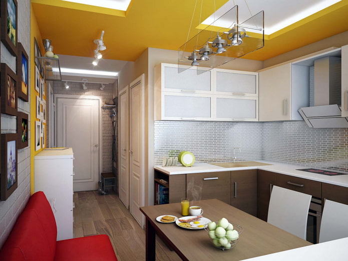 design de teto em um corredor combinado com uma cozinha