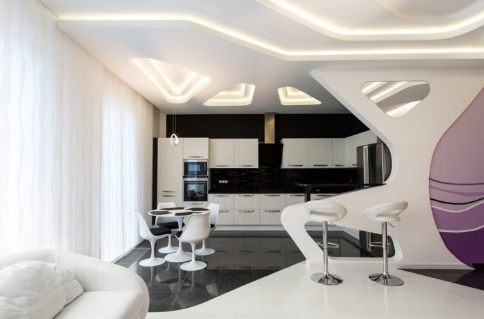 teto de gesso cartonado no interior da cozinha-sala de estar