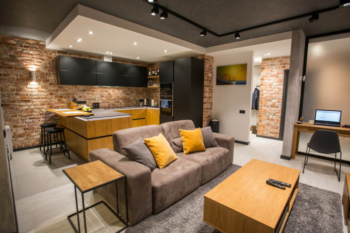 teto combinado no interior da cozinha-sala de estar