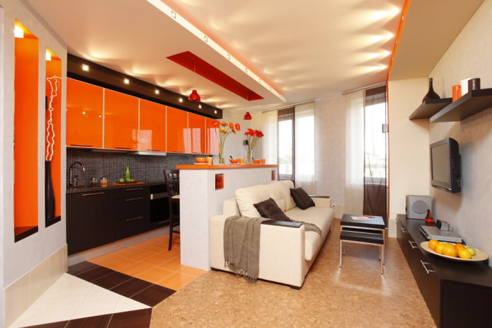 teto de gesso cartonado no interior da cozinha-sala de estar