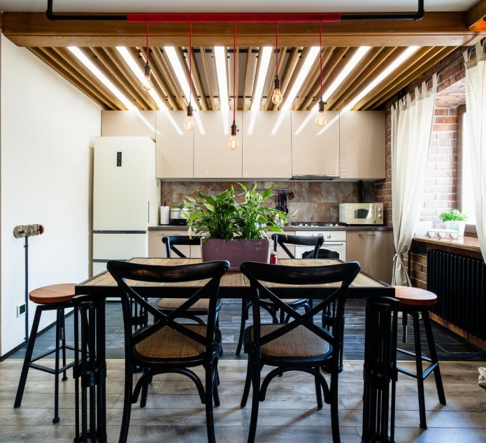 cozinha estilo loft com ripas