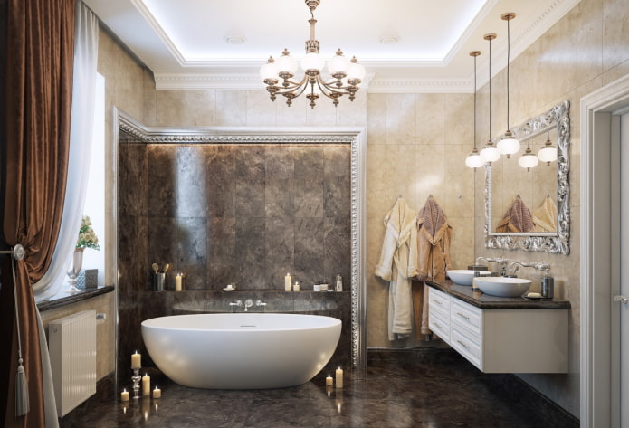 Design de teto em banheiro em estilo neoclássico