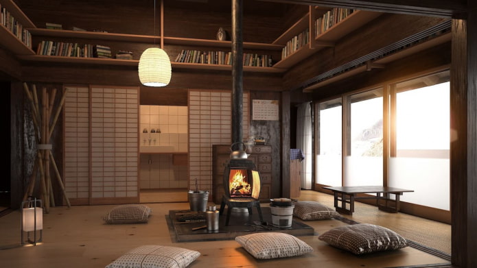 Interior japonês de uma casa de madeira