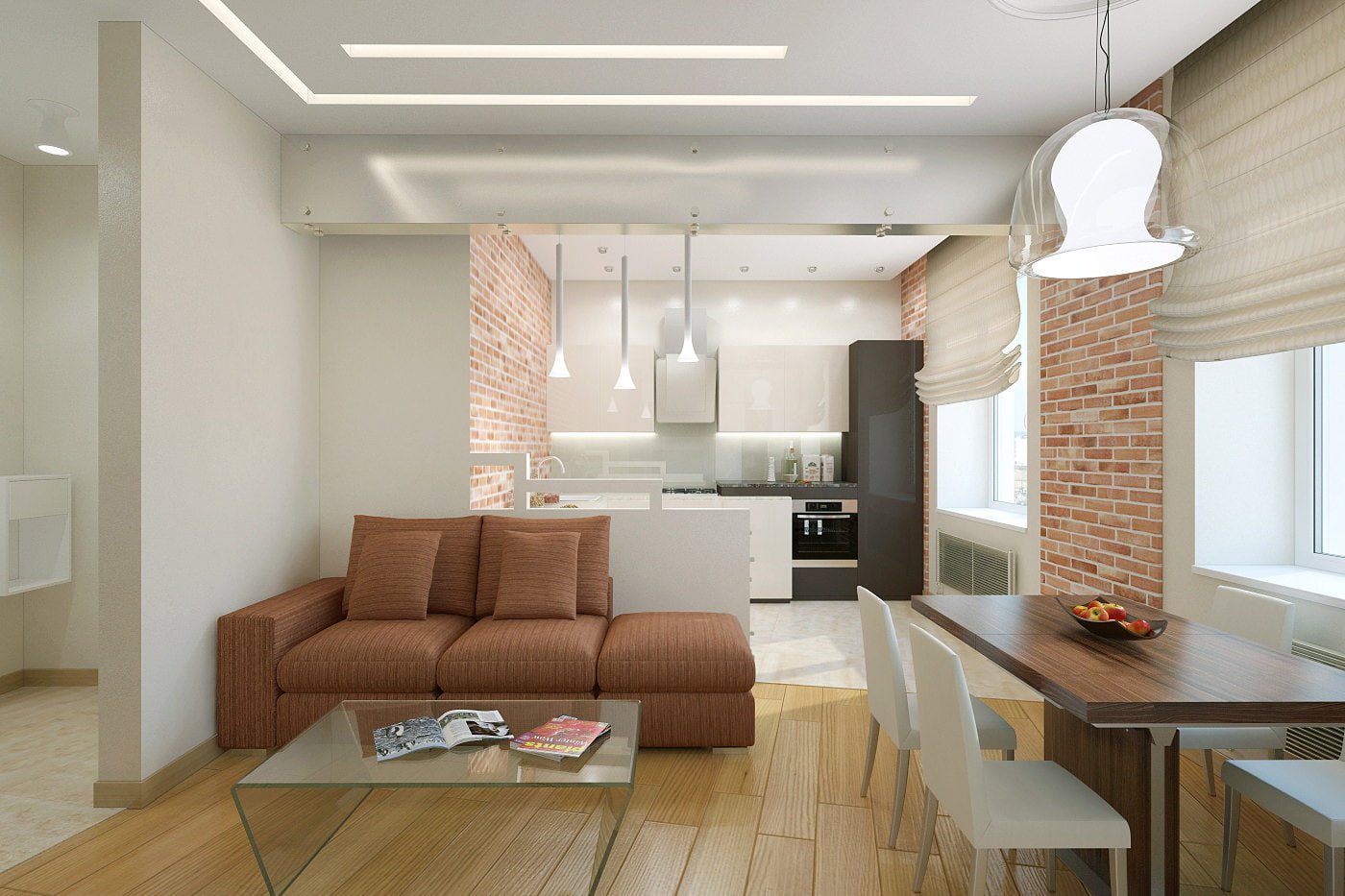 cozinha-sala de estar em um apartamento de dois cômodos