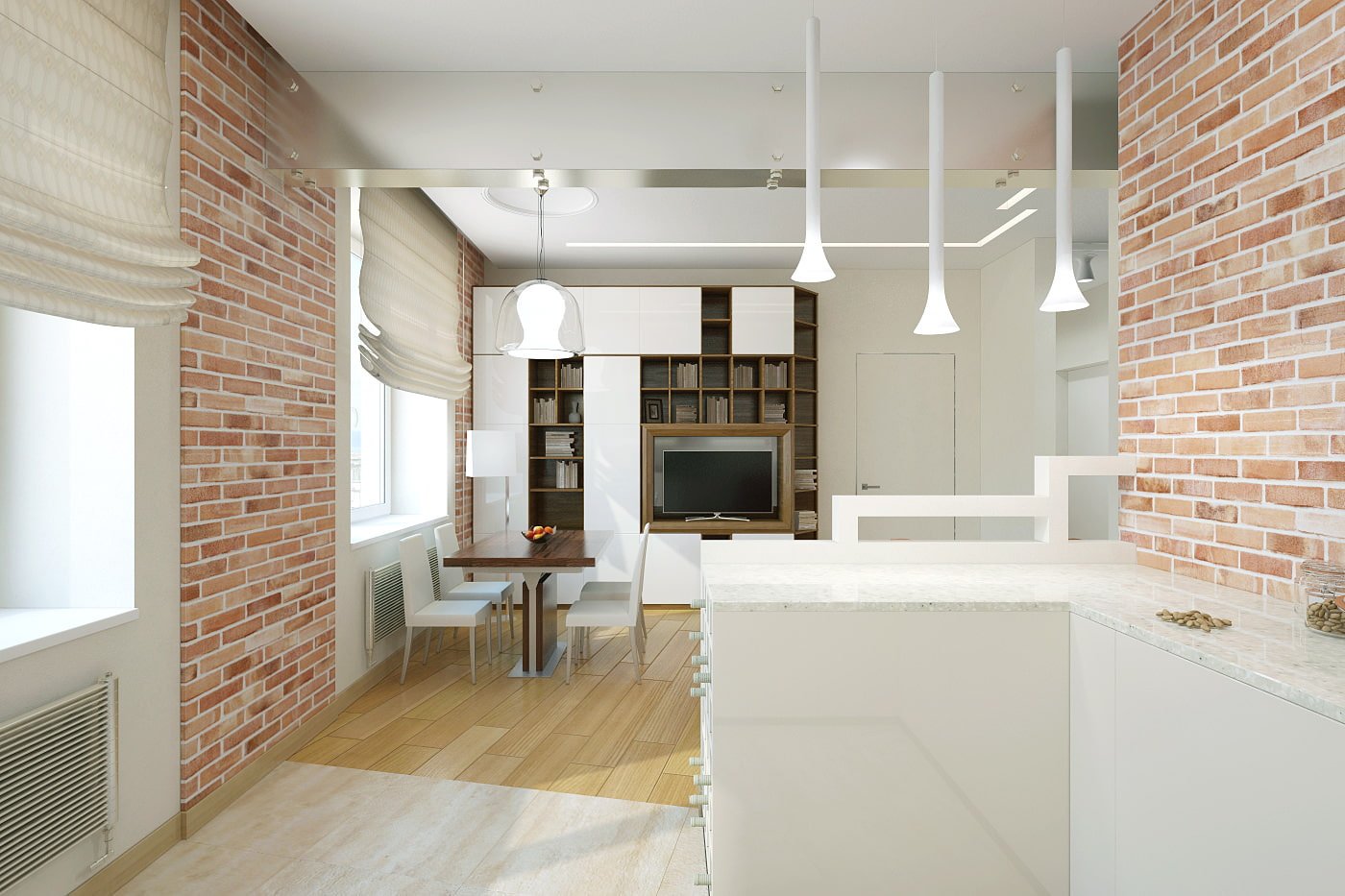 cozinha-sala de estar em um apartamento de dois cômodos
