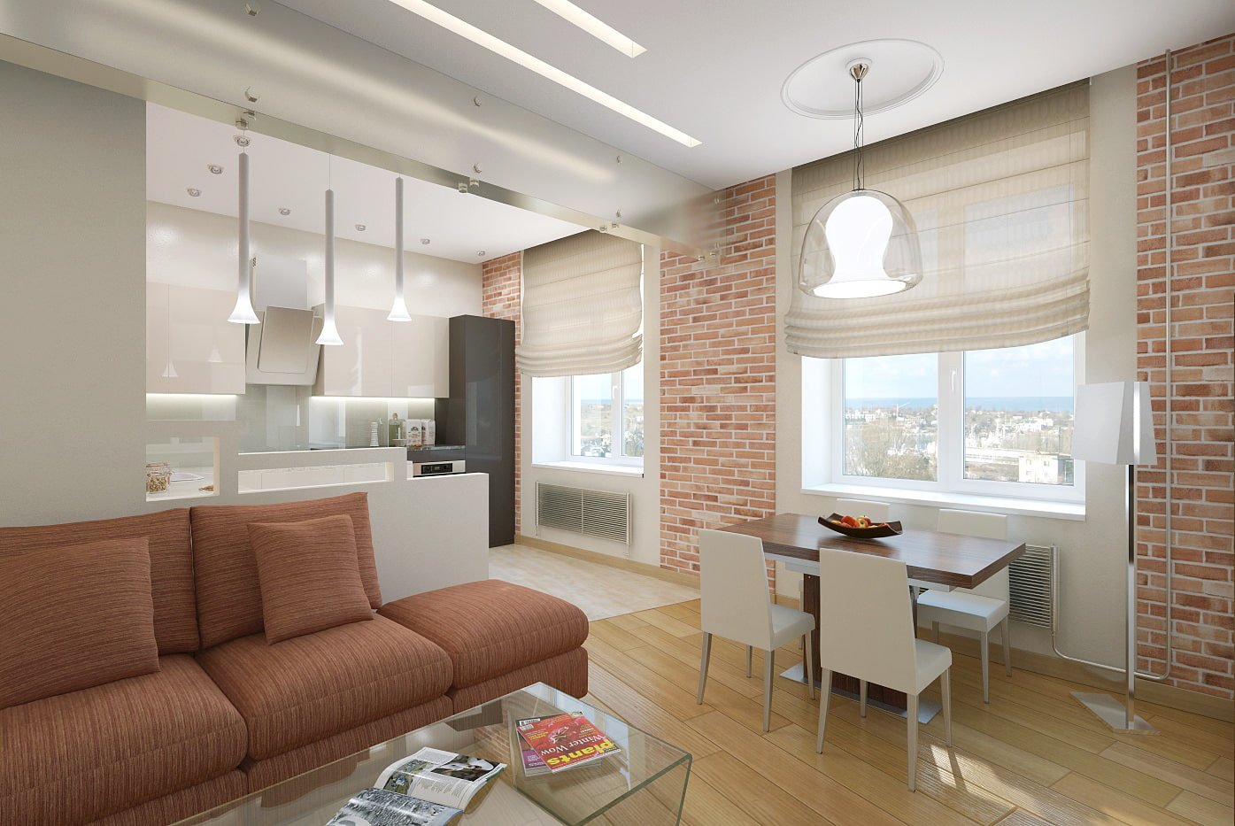 cozinha-sala de estar em um apartamento de dois cômodos