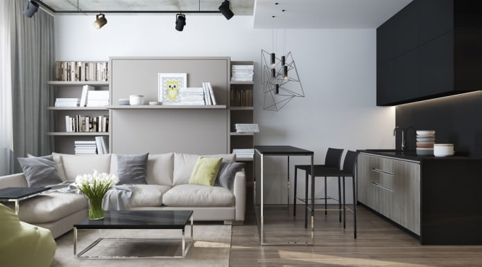 Design moderno de uma sala de estar combinada com uma cozinha em um estúdio