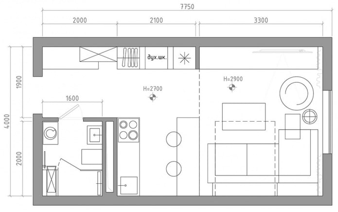 layout do estúdio 29 m².