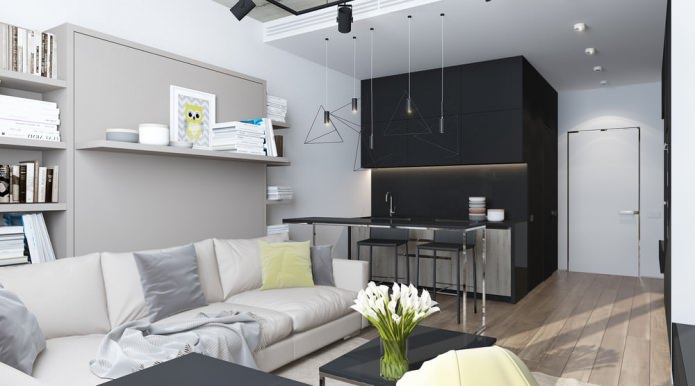 Design moderno de uma sala de estar combinada com uma cozinha em um estúdio