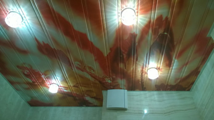 estrutura suspensa de ripas com impressão fotográfica