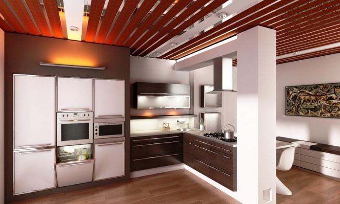 estrutura suspensa de ripas na cozinha