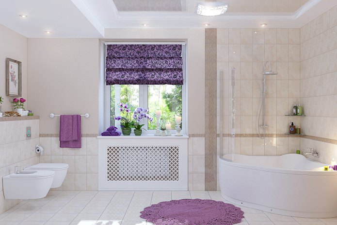 Decoração de janela com persiana romana no banheiro