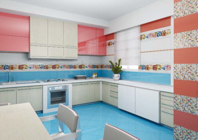 interior da cozinha em tons de rosa e azul