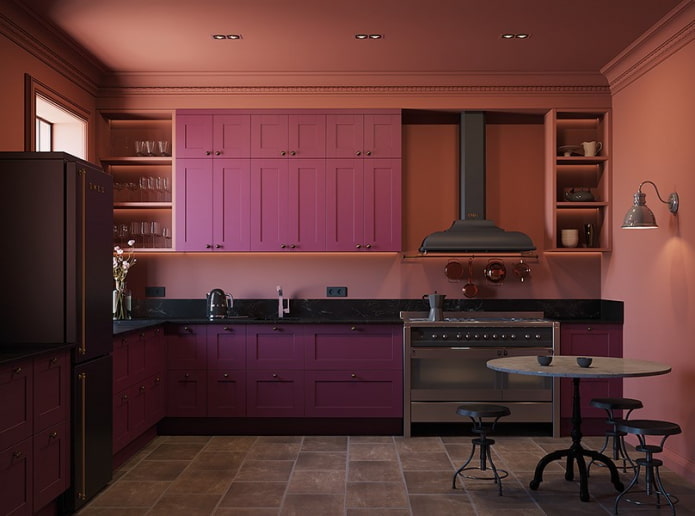 interior da cozinha em tons de rosa e lilás