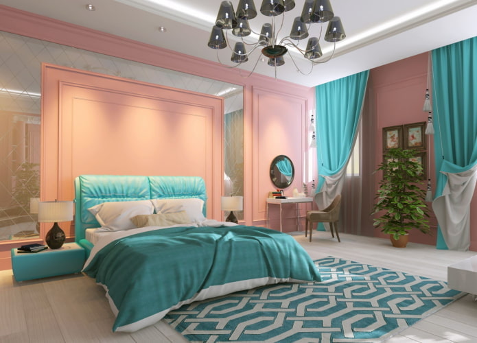 interior do quarto em tons de rosa e turquesa