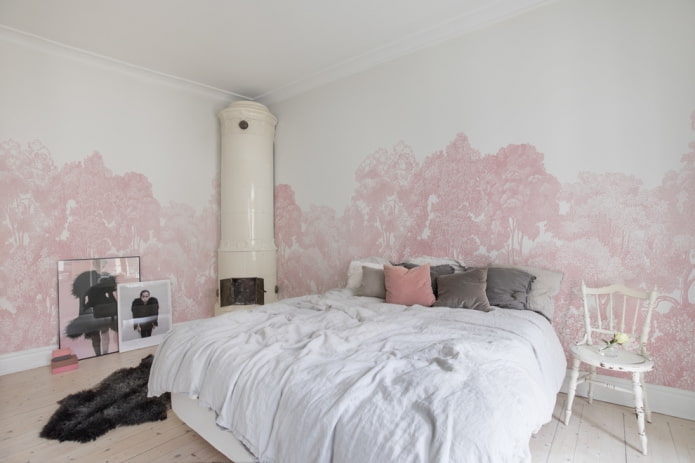 interior de um quarto branco e rosa