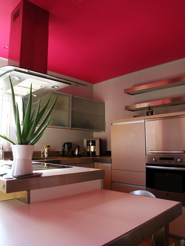 revestimento de teto rosa na cozinha