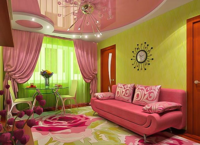 papel de parede verde e teto rosa