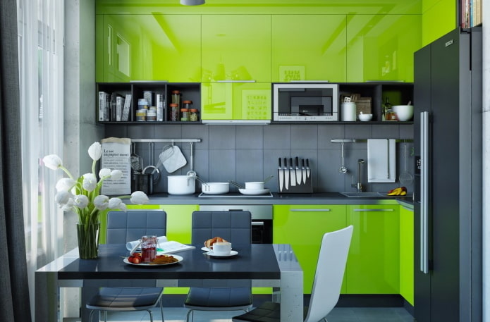 interior de cozinha em tons de cinza e verde-claro