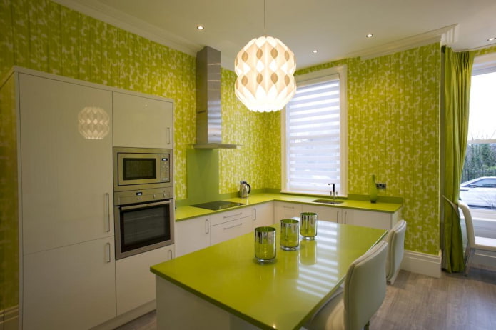 iluminação e decoração no interior da cozinha em tons de salada