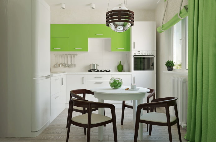 iluminação e decoração no interior da cozinha em tons de salada