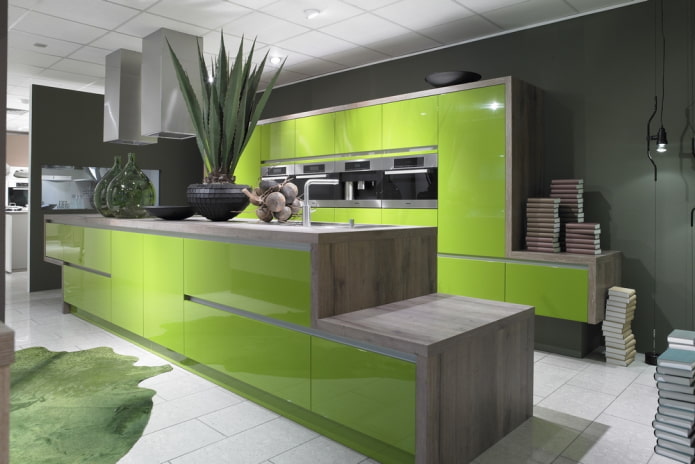 interior de cozinha verde-salada em estilo high-tech