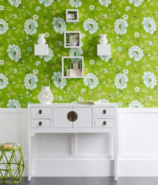 papel de parede verde-salada com estampa floral