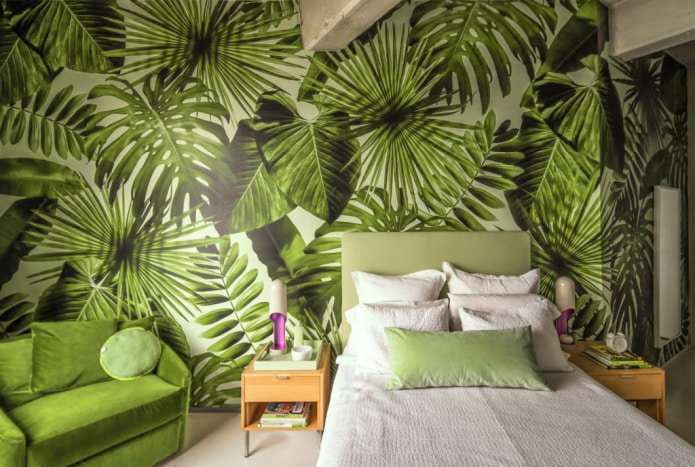 papel de parede com folhas no quarto