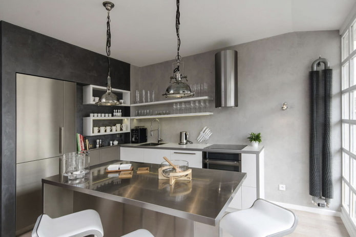 decoração de interiores de cozinha em tons de cinza