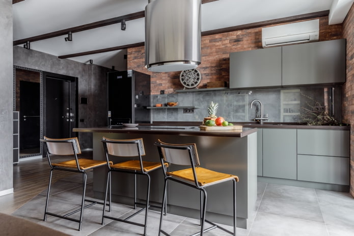 decoração de interiores de cozinha em tons de cinza