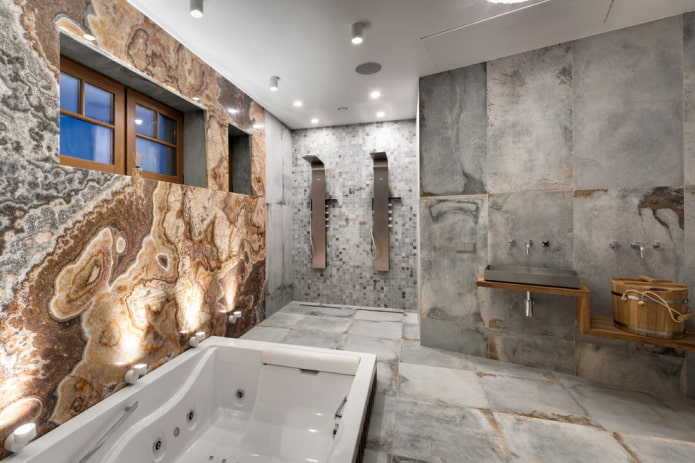 interior de banheiro cinza em estilo moderno