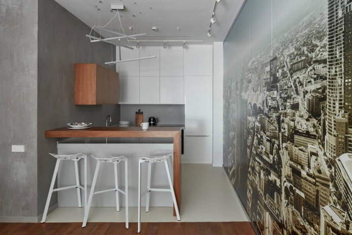 papel de parede 3D em uma pequena cozinha cinza e branca
