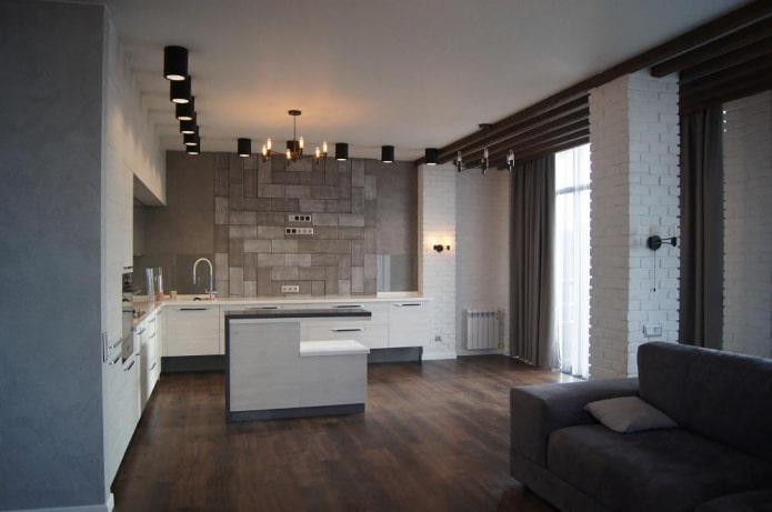 cozinha em estilo loft com vários tipos de alvenaria