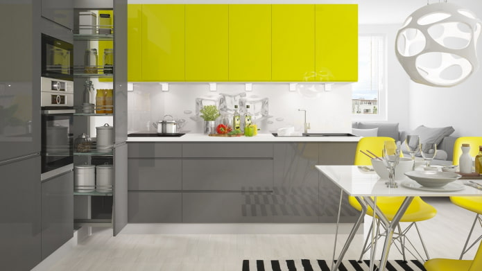 cozinha amarelo-cinza-branca em estilo high-tech