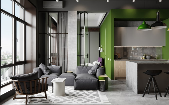 decoração de interiores em tons de cinza-esverdeado