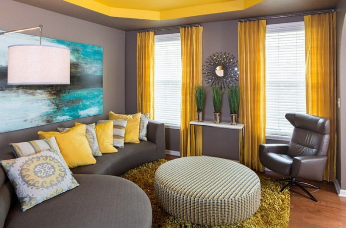 design de interiores em tons de cinza e amarelo